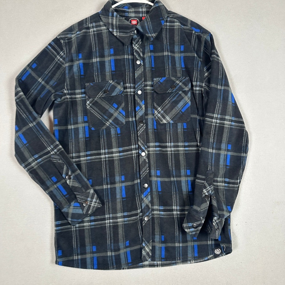 686 Shirt Men Large All Weather Technology Black Blue Plaid Fleece Thick Flannel